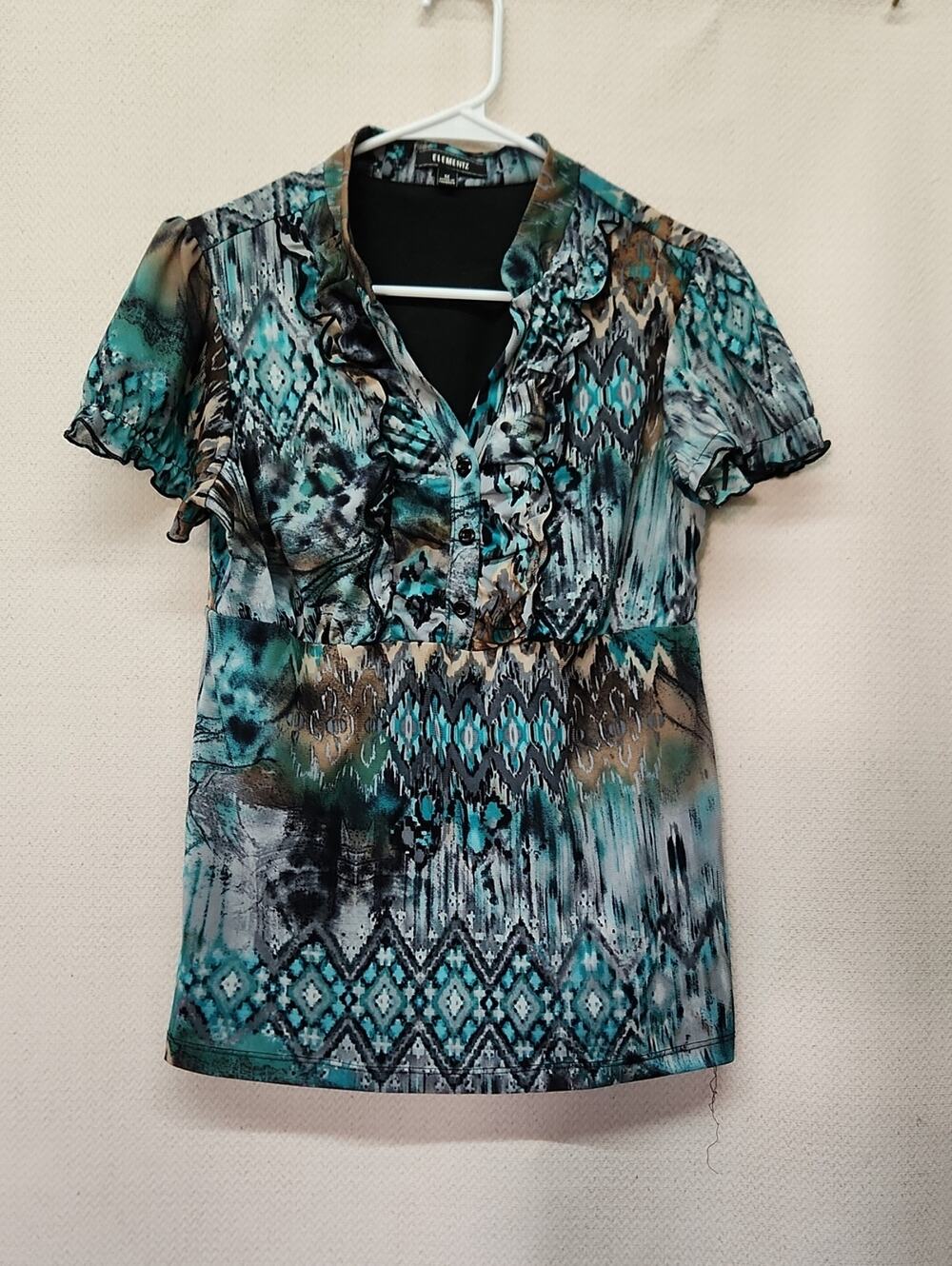 Elementz Teal and Black Patterned Ruffle V-Neck Blouse